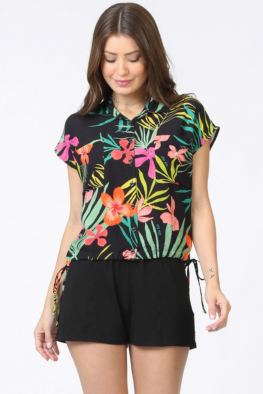 Blusa Camisa Estampada Floral Azul